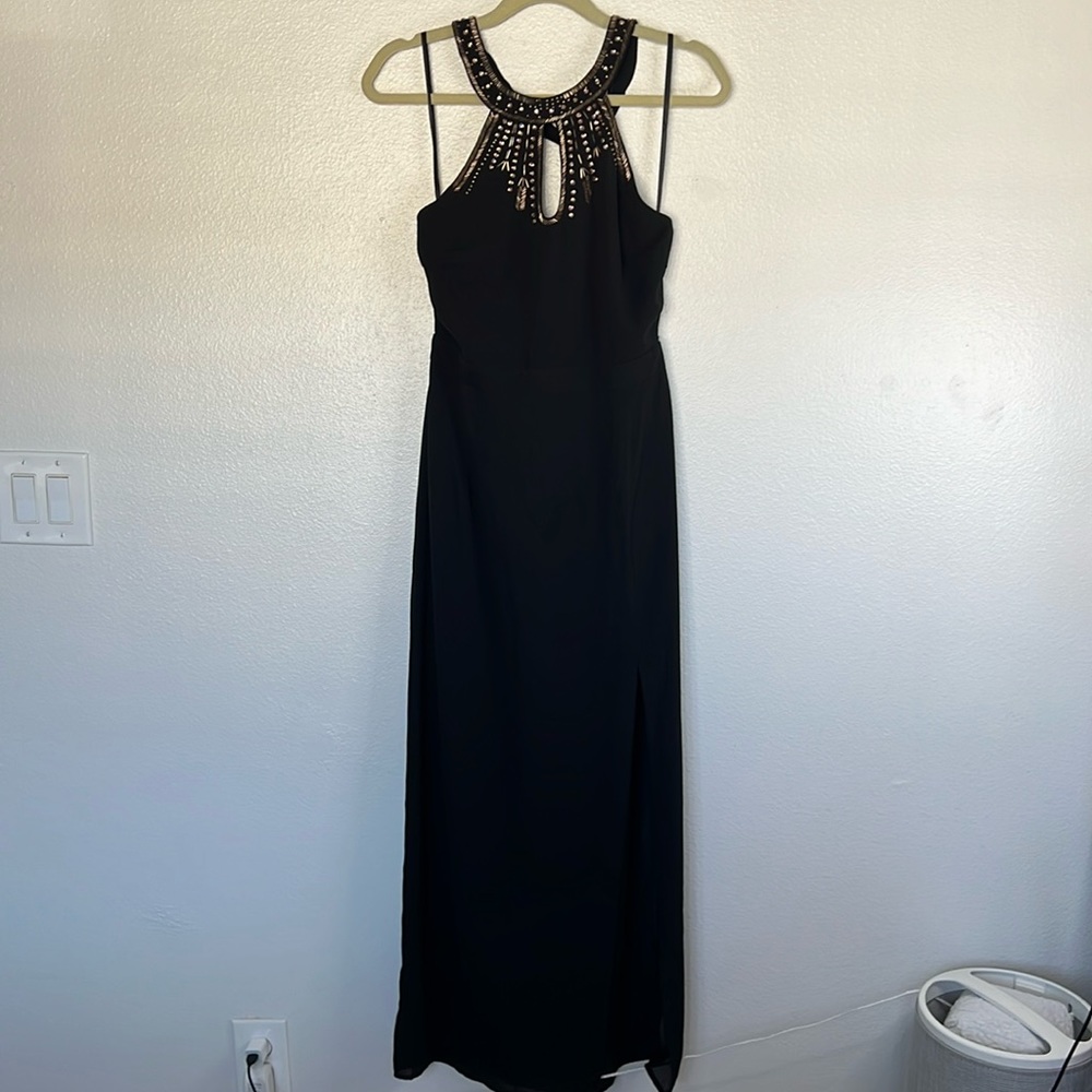 NWT Moon Elegant Black Beaded Halter Gown sz M